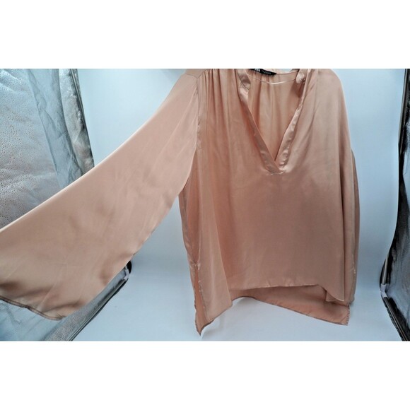 Zara Satin Nude/Golden V-Neck Tunic Wide Sleeve Flowy Blouse Size Xl - Picture 3 of 8